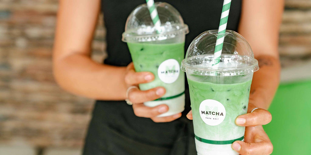 Matcha lattes with house-made almond and coconut milks made at Matcha Cafe Bali and using recycled take-away cups