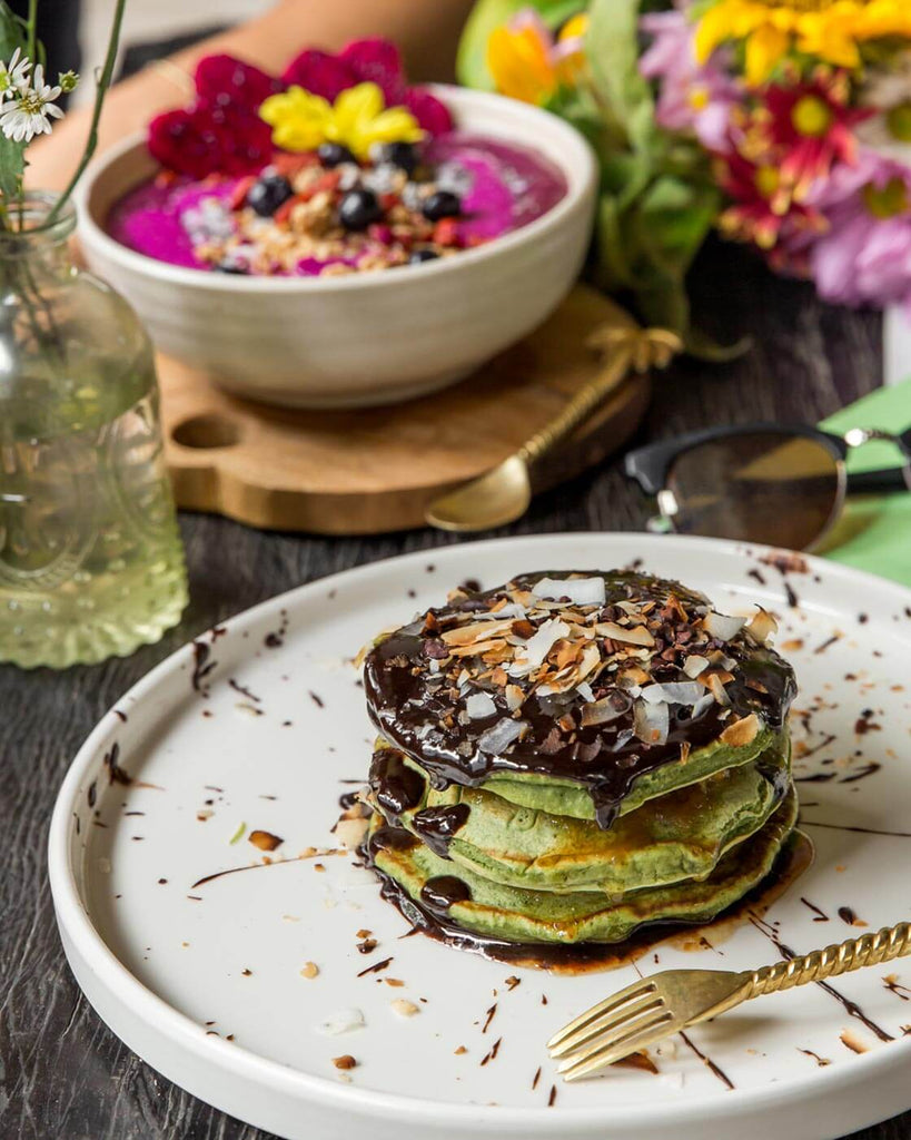 The famous and delicious matcha vegan pancake with house-made plant-based nutella made at Matcha Cafe Bali