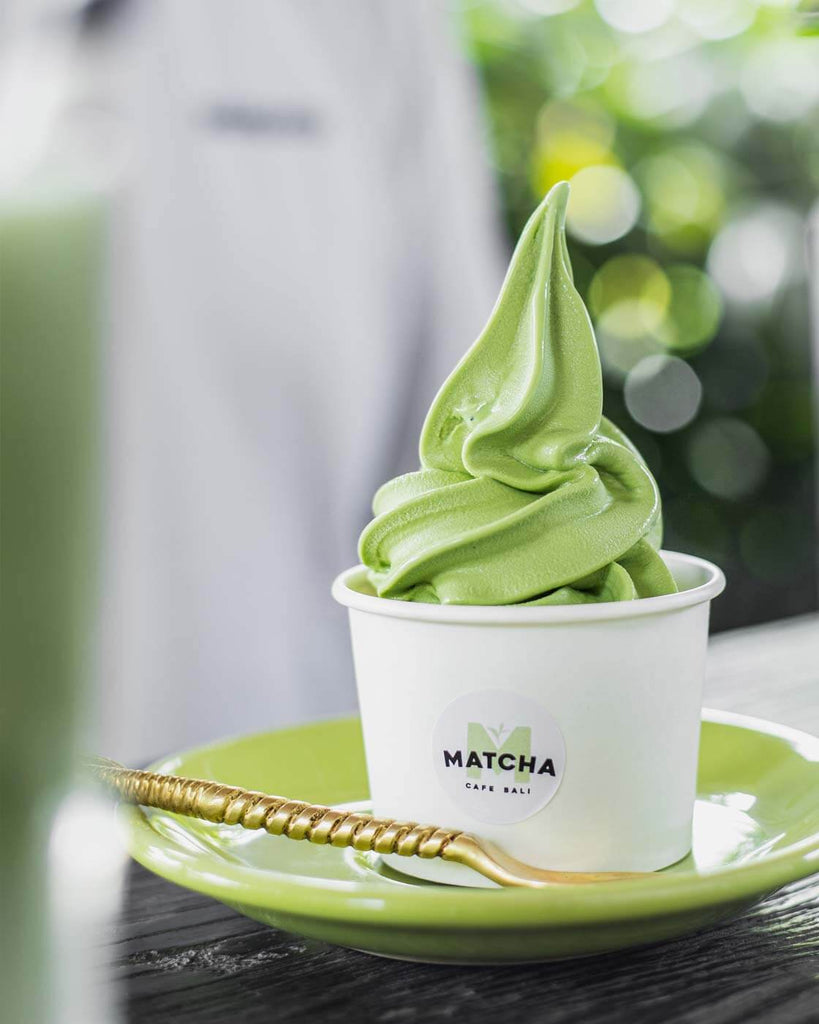 The famous matcha soft served ice cream made at Matcha Cafe Bali with ceremonial grade matcha